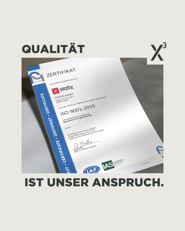𝗤𝘂𝗮𝗹𝗶𝘁𝗮̈𝘁 𝗶𝘀𝘁 𝗳𝘂̈𝗿 𝘂𝗻𝘀 𝗸𝗲𝗶𝗻 𝗭𝘂𝗳𝗮𝗹𝗹, 𝘀𝗼𝗻𝗱𝗲𝗿𝗻 𝗴𝗲𝗹𝗲𝗯𝘁𝗲𝗿 𝗔𝗻𝘀𝗽𝗿𝘂𝗰𝗵! 
Das bedeutet für uns: klare Prozesse, kontinuierliche Verbesserung und eine verlässliche und wertschätzende Zusammenarbeit sowohl im Team als auch mit unseren Projektpartnern. 

Die erneute Zertifizierung nach DIN EN ISO 9001:2015 bestätigt offiziell unser etabliertes Qualitätsmanagement und ist gleichzeitig Ansporn, unsere Arbeitsabläufe stetig weiterzuentwickeln.

#statix #leipheim #ISO9001 #qualitätsmanagement #tragwerksplanung #zertifiziertequalität